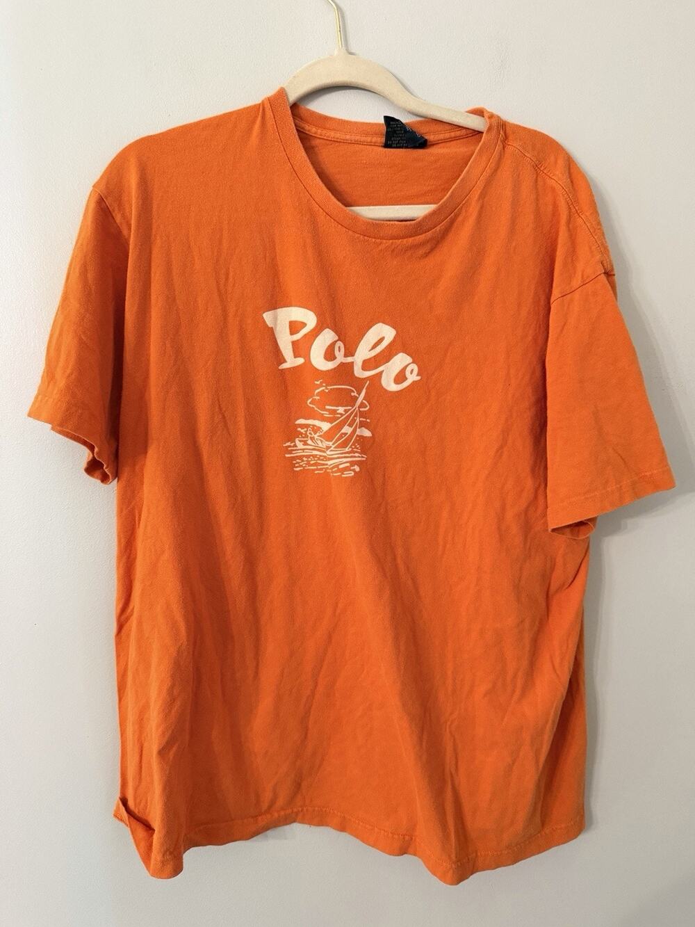 Polo Ralph Lauren T Shirt L Short Classic Orange Boat VTG distress 90s